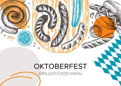  Oktoberfest background. Grilled sausage collage. Hand-drawn fast food illustration. Barbeque party sketched banner. German food and meet products sketches. Oktoberfest beer festival menu design
